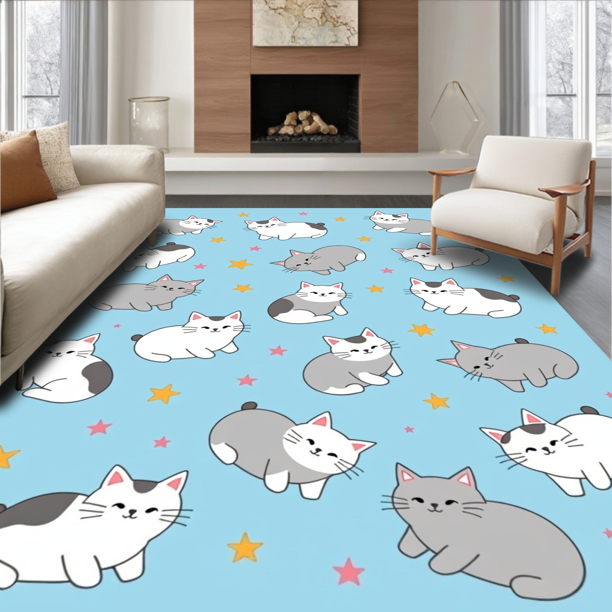 Whimsical Grey White Cats Stars Rug