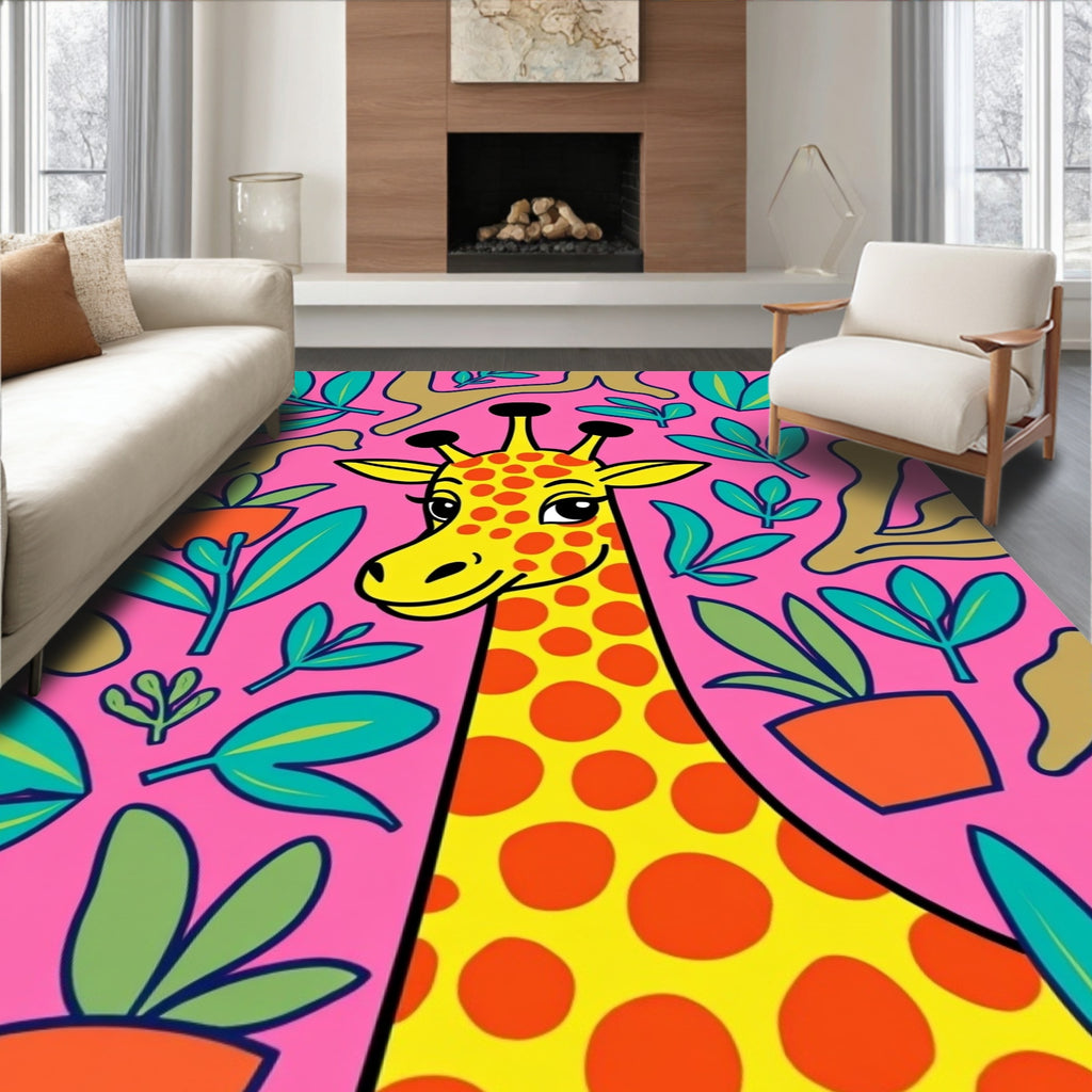 Pink Giraffe Jungle Leaf Garden Rug