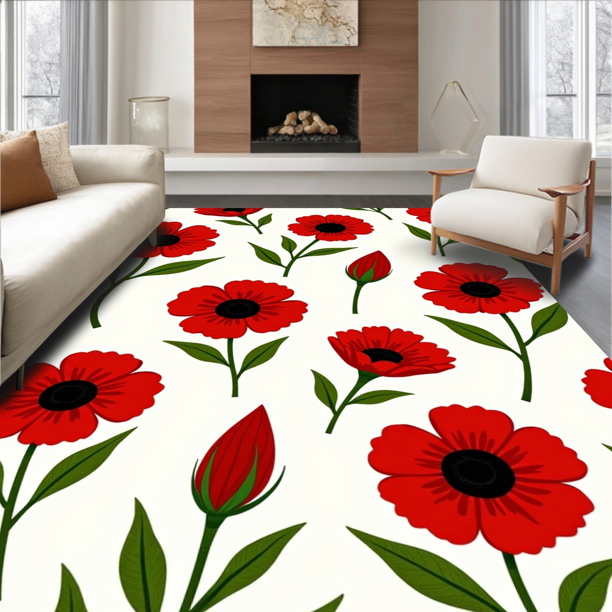 Bold Red Poppy Blossom Field Rug