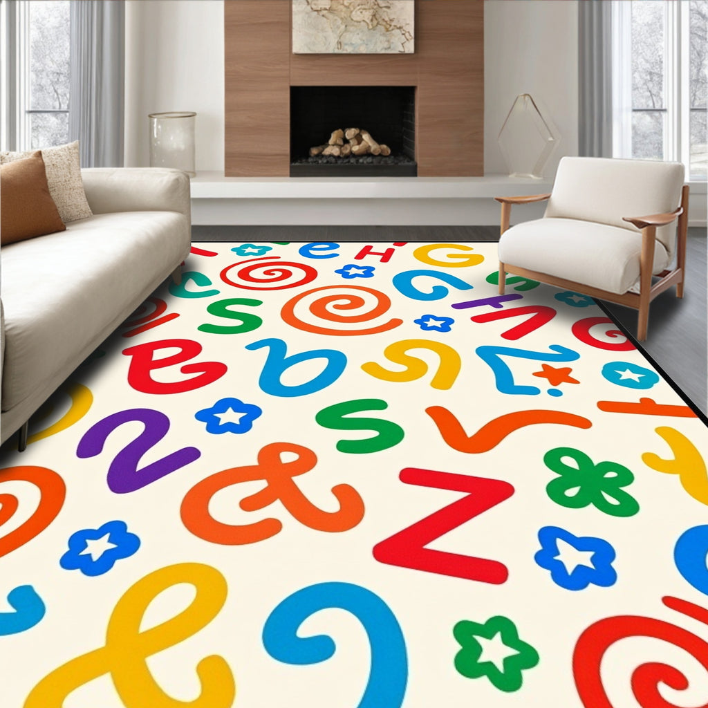 Playful Alphabet Swirls and Stars Rug
