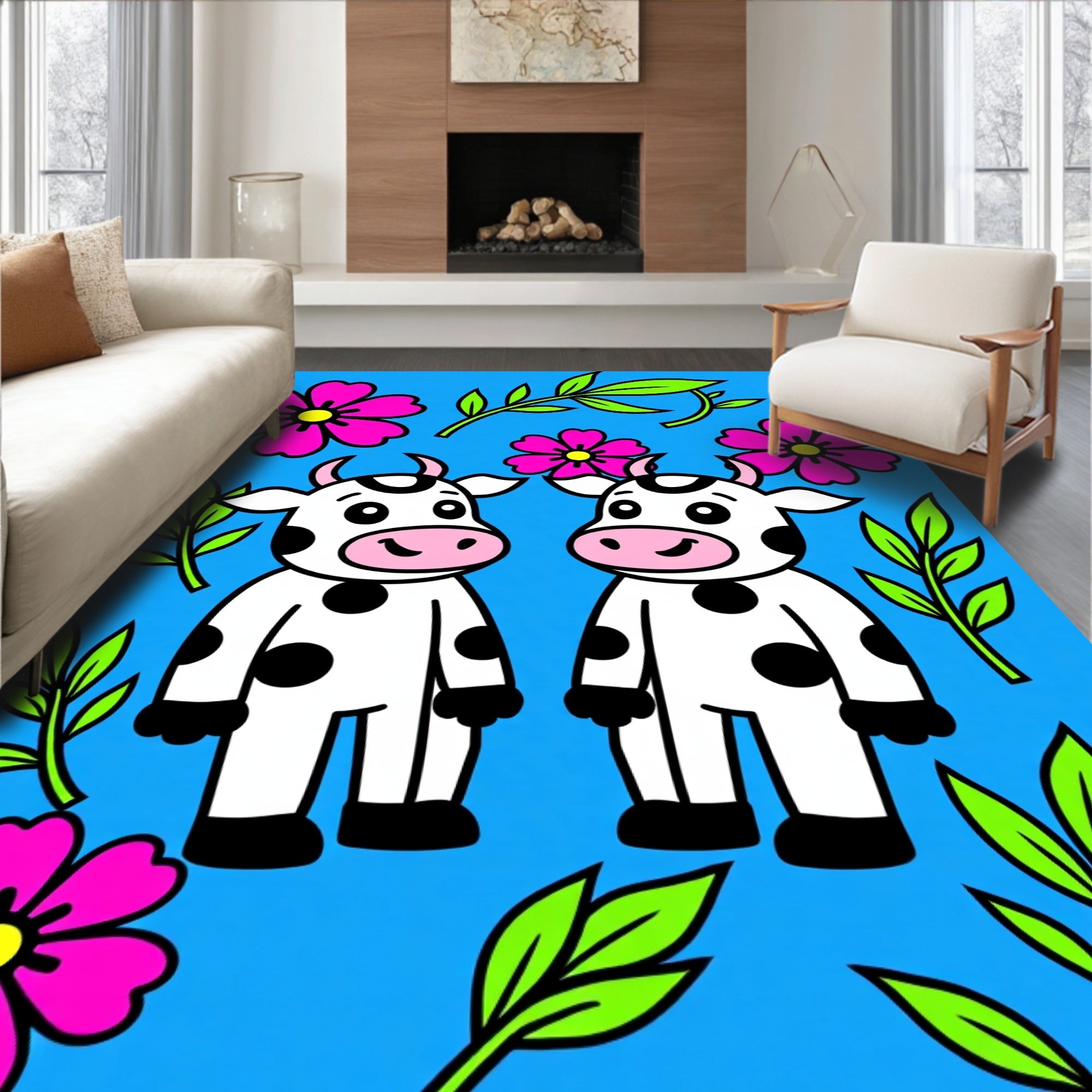 Playful Pink Flowers Cow Companions Rug