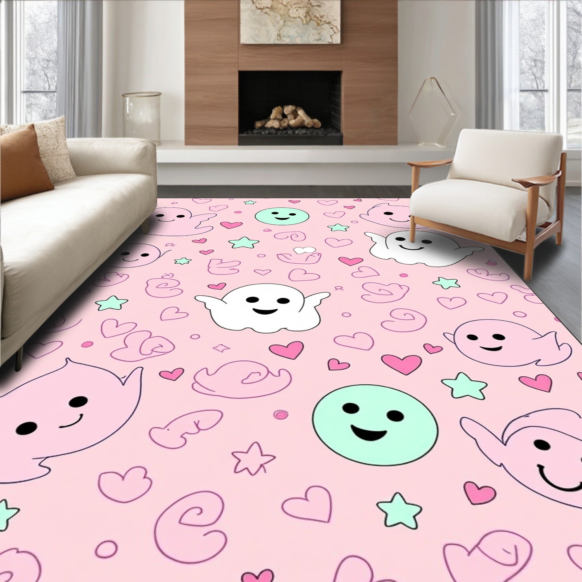Cute Pink Ghost Heart Star Rug