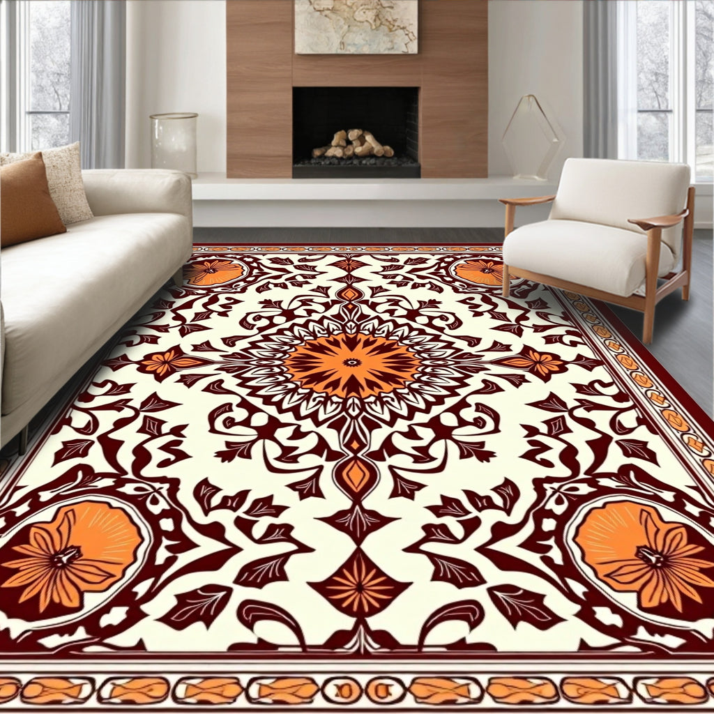 Rich Orange Floral Symmetry Rectangle Rug