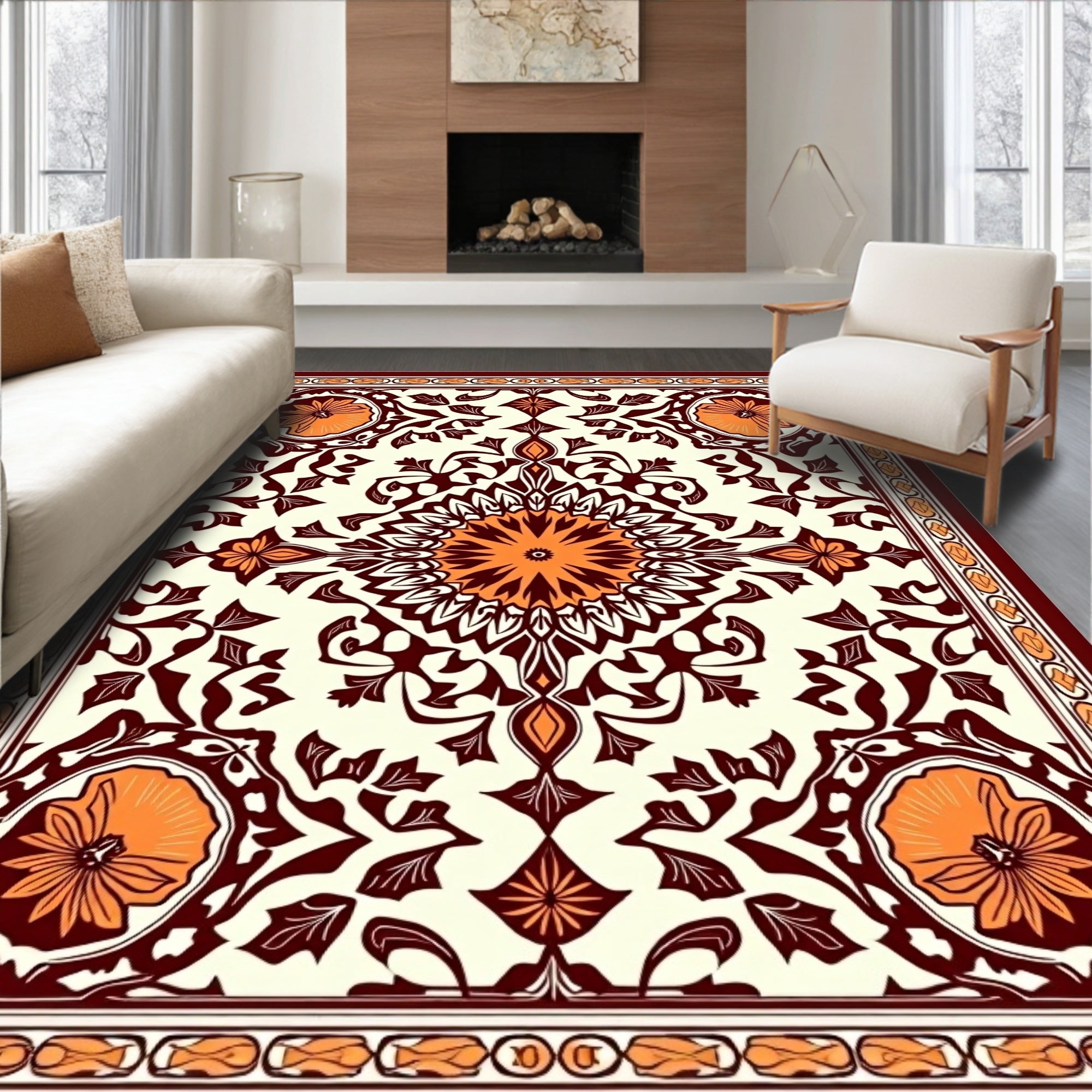 Rich Orange Floral Symmetry Rectangle Rug