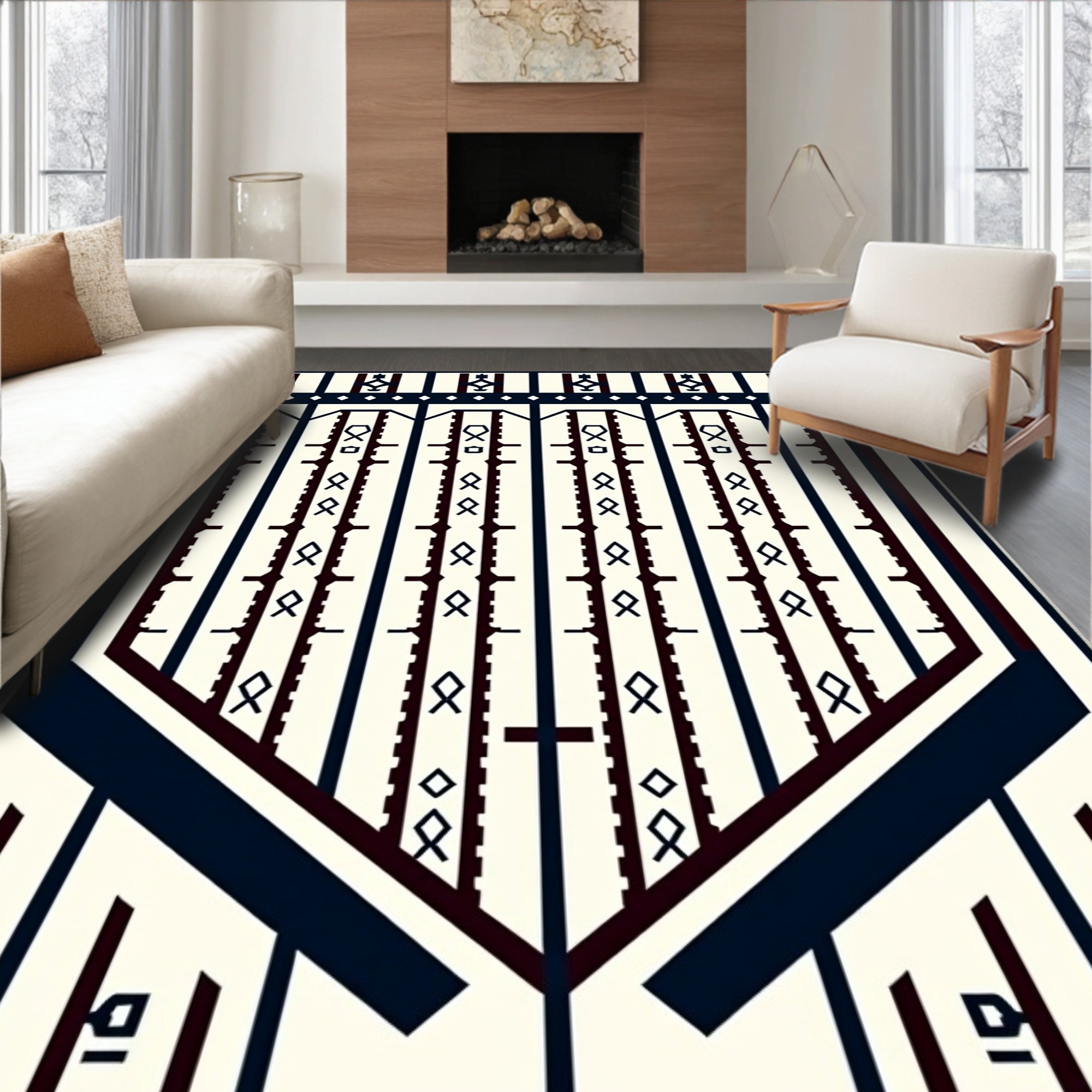 Cream Dark Blue Geometric Tribal Stripes Rug