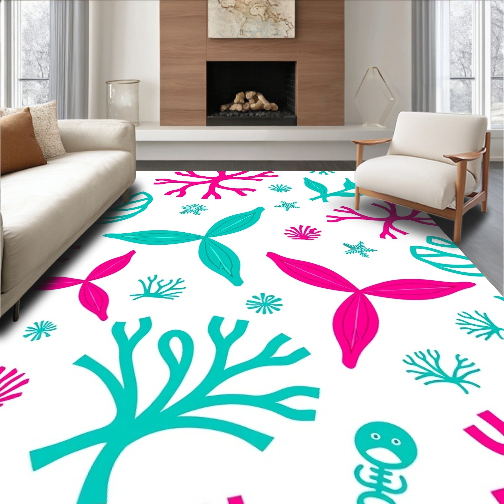 Coral Pink Teal Abstract Marine Life Rug