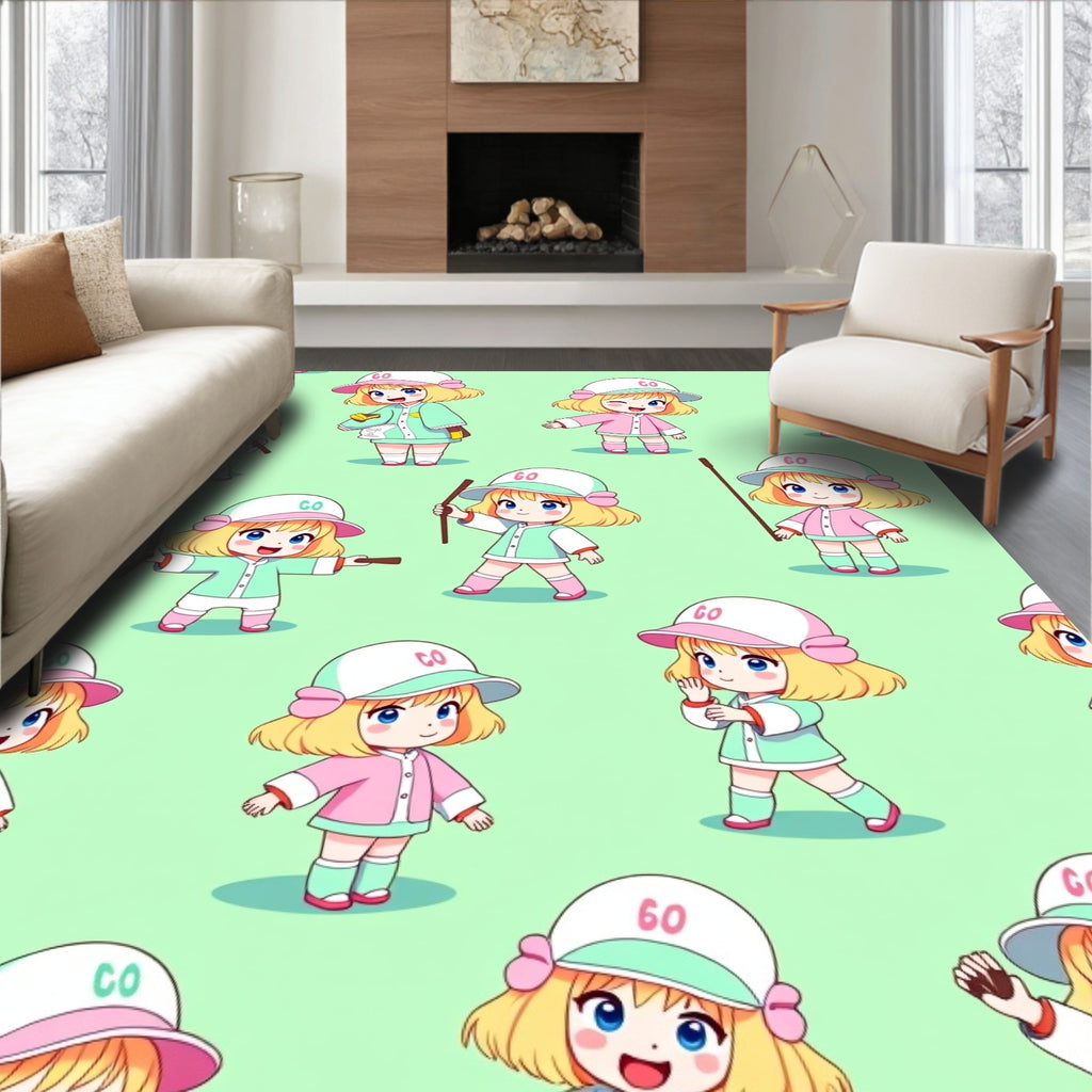 Cute Chibi Characters Mint Pink Rug
