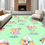 Cute Chibi Characters Mint Pink Rug
