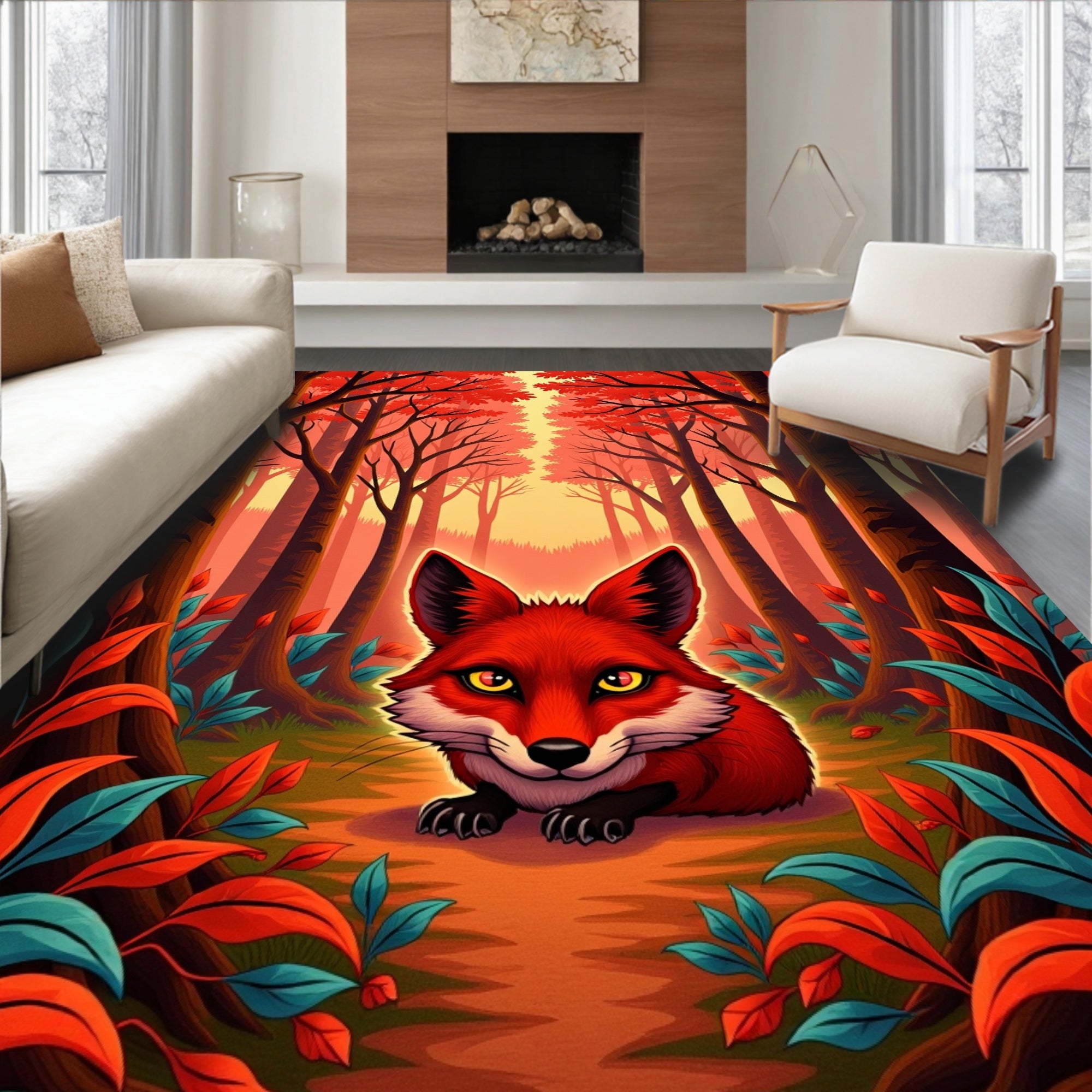 Whimsical Red Fox Forest Path Rug