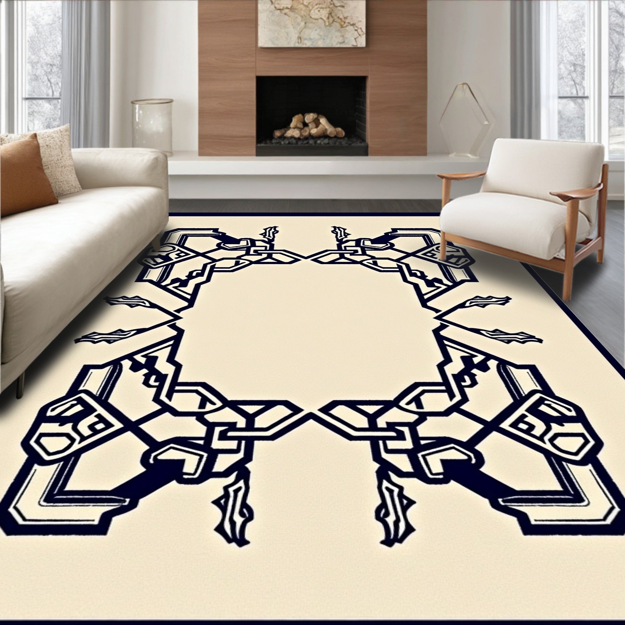 Black Cream Interlocking Geometric Scroll Rug