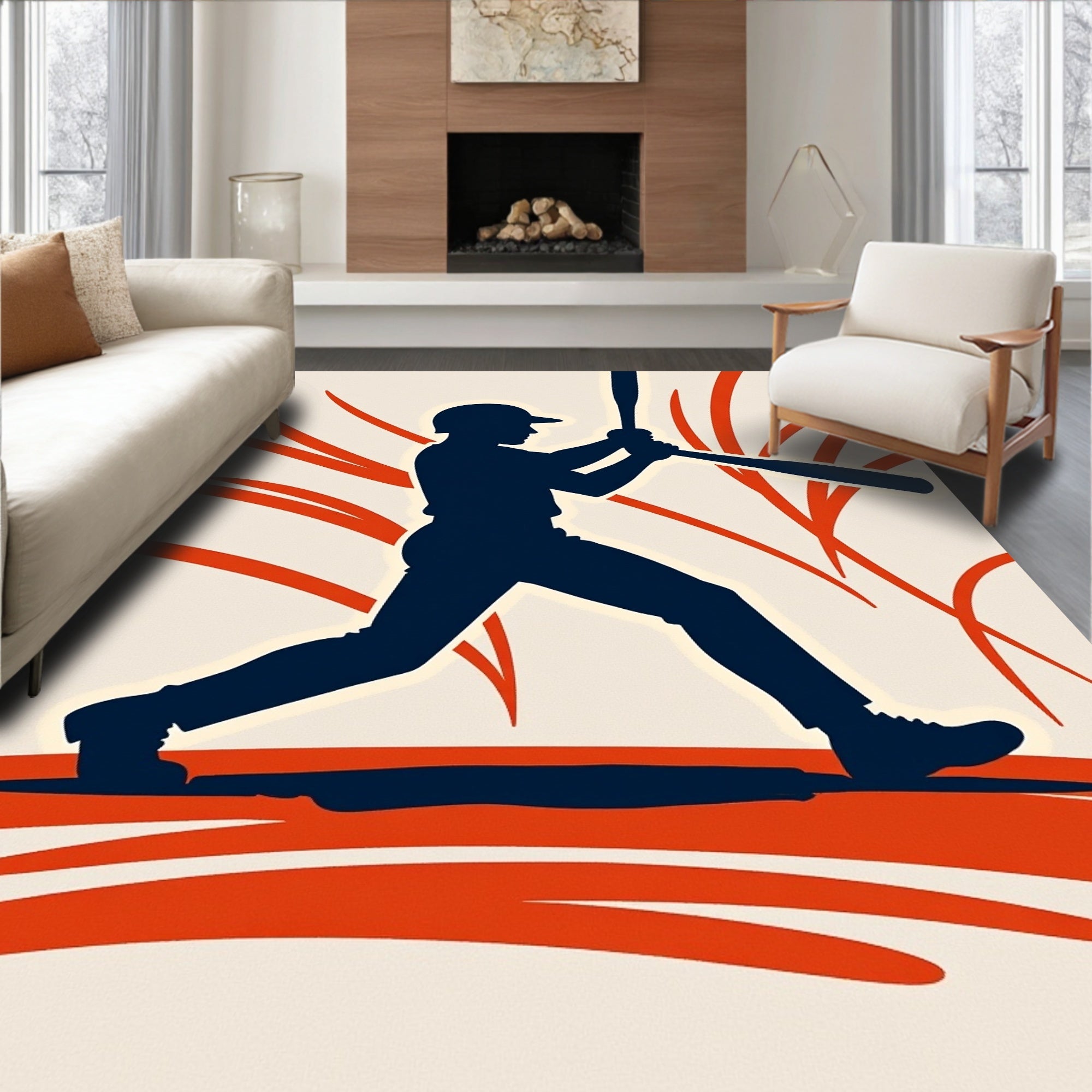 Navy Baseball Player Crimson Swirls Rug