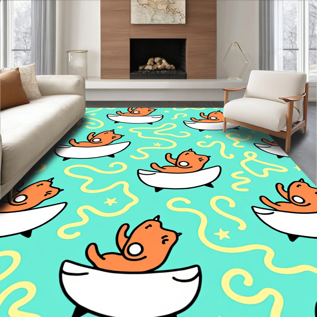 Cute Orange Cat Bathing Teal Rug