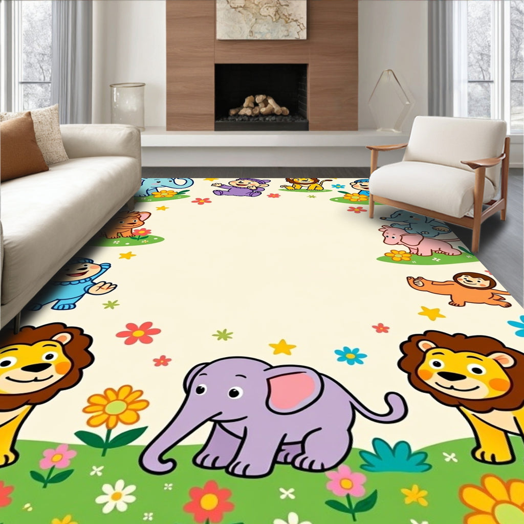 Playful Animals and Flowers Border Rug