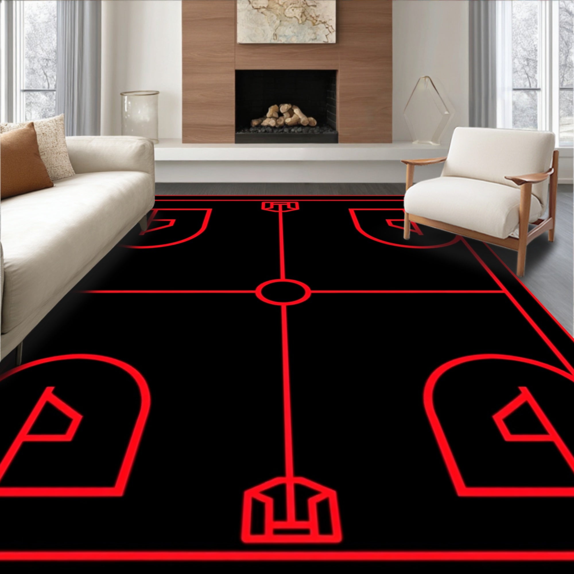 Bold Red Futuristic Geometric Grid Rug