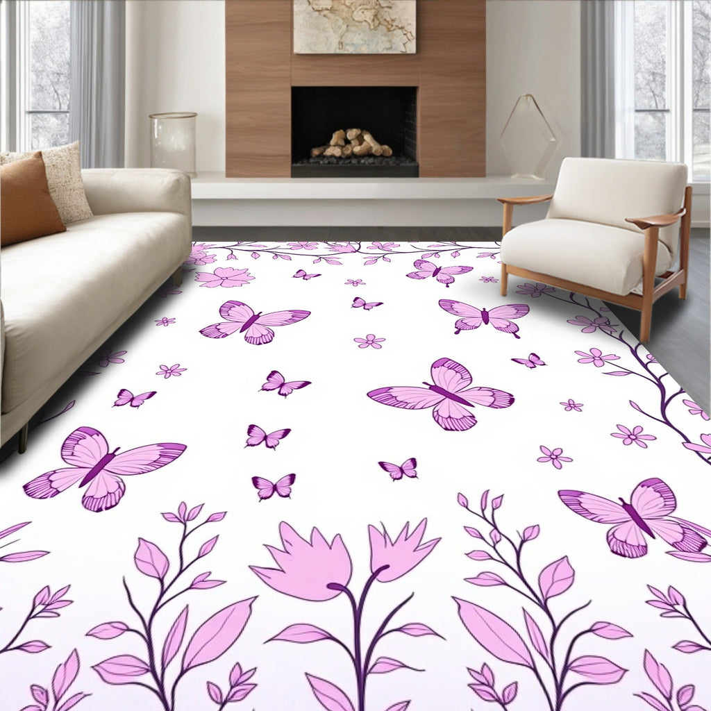 Whimsical Pink Butterfly Floral Meadow Rug