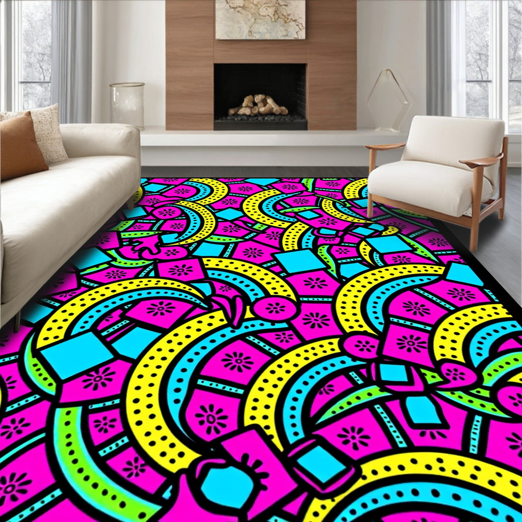Vibrant Geometric Pink Yellow Blue Explosion Rug