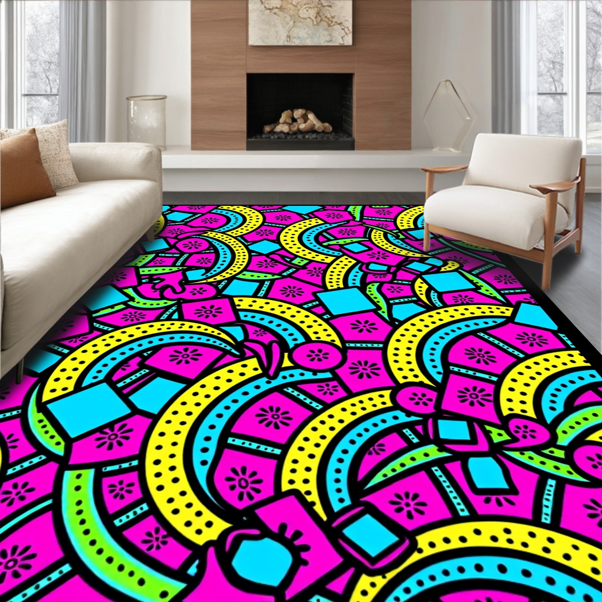 Vibrant Geometric Pink Yellow Blue Explosion Rug