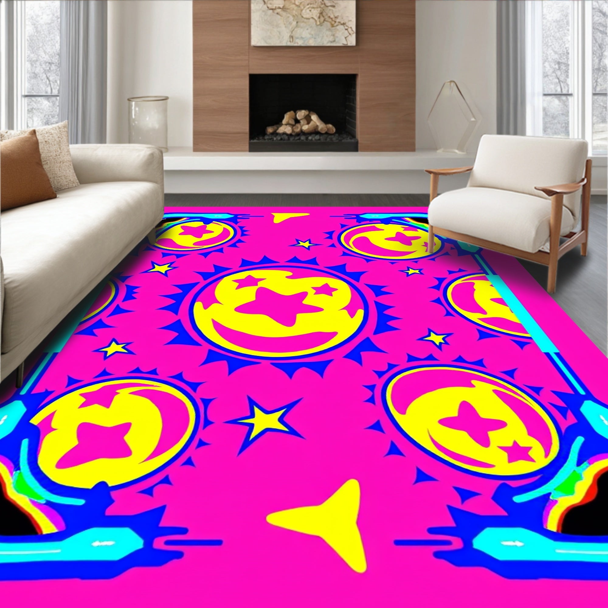 Vibrant Pink Yellow Starry Moon Rug
