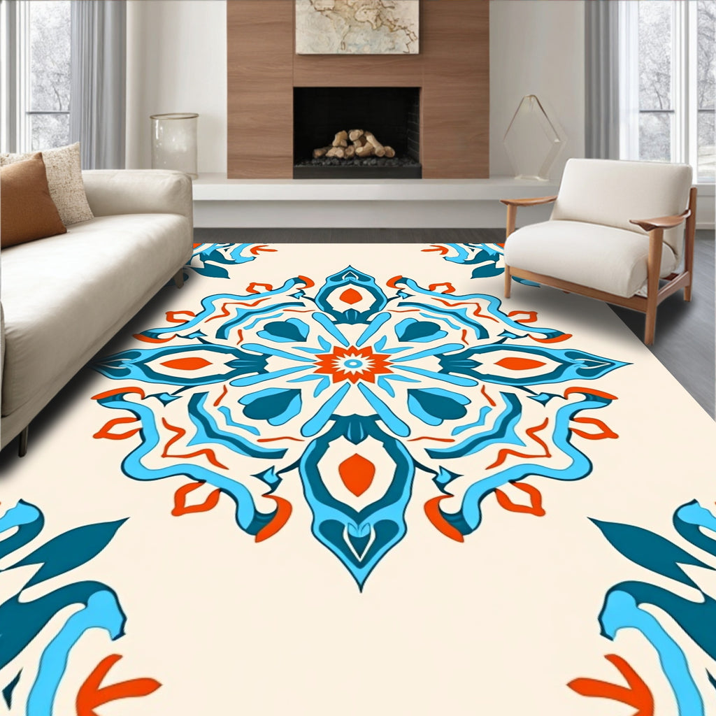 Vibrant Orange Blue Mandala Symmetry Rug