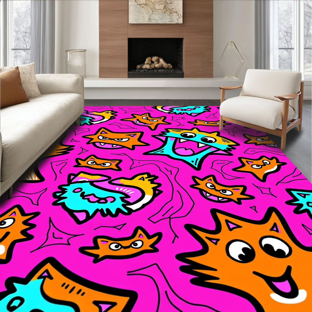 Whimsical Pink Orange Blue Cartoon Cats Rug