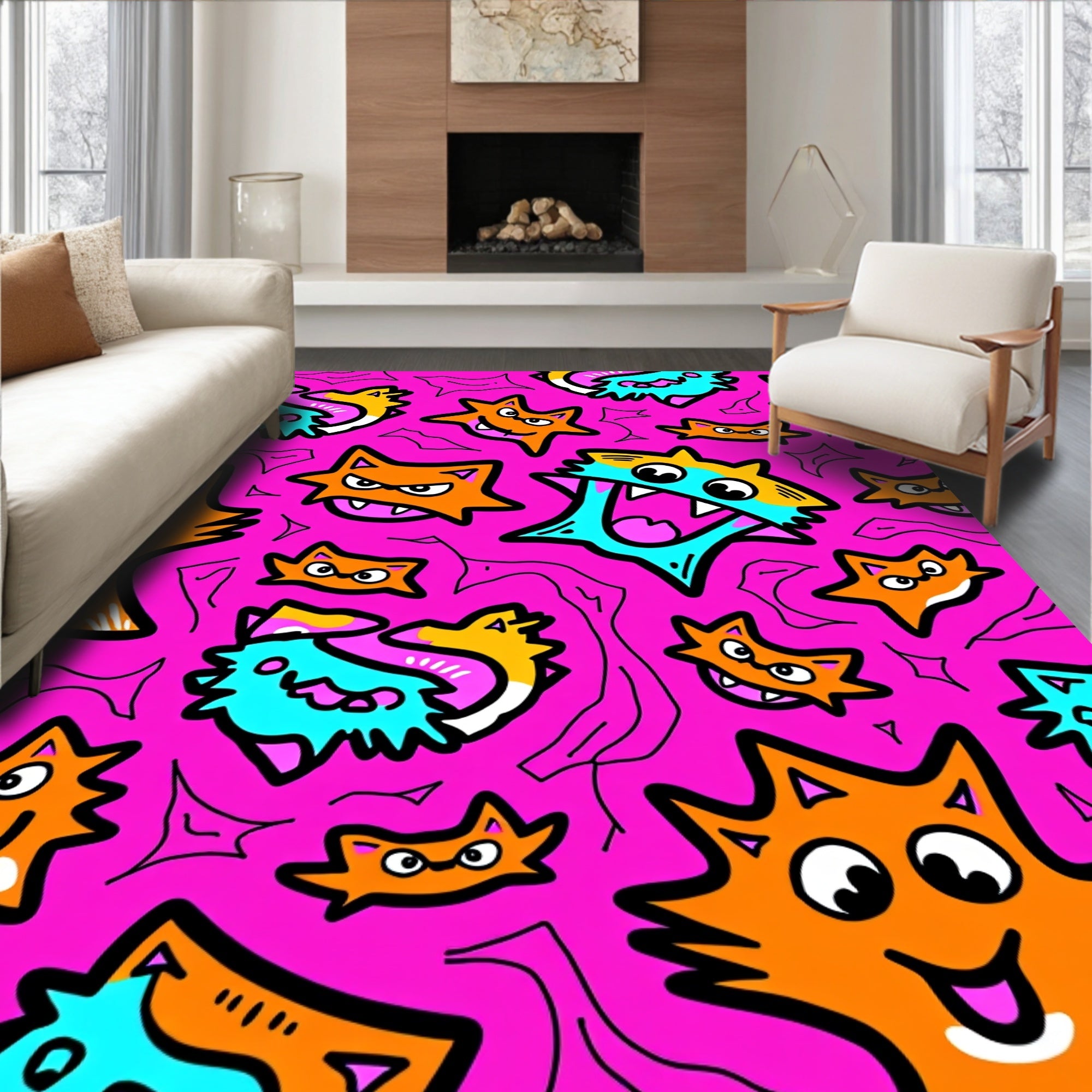 Whimsical Pink Orange Blue Cartoon Cats Rug