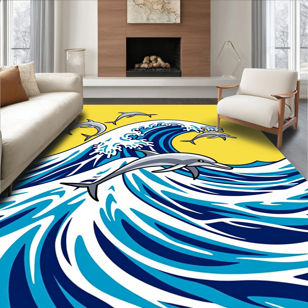 Dolphins Leaping On Blue Waves Rug