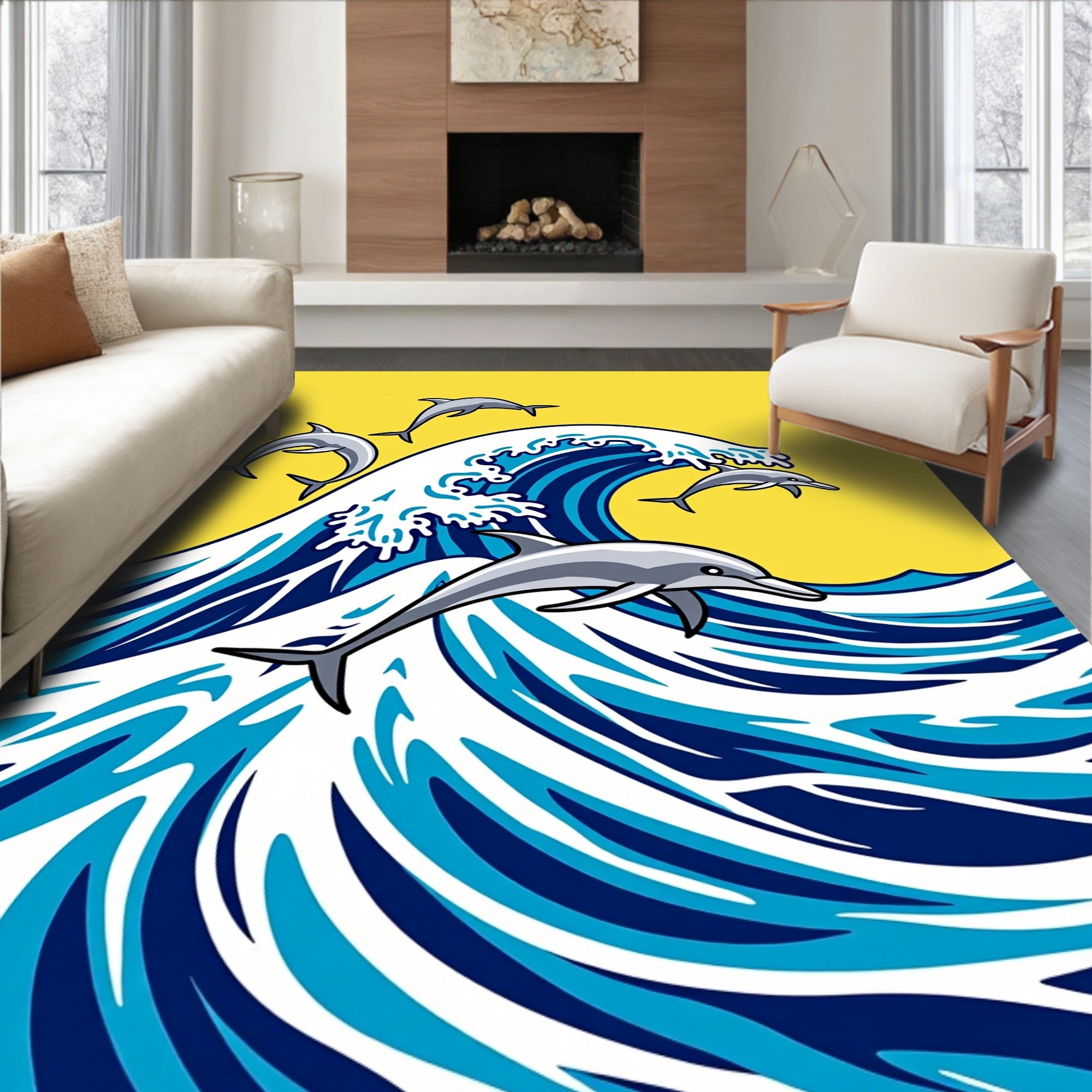 Dolphins Leaping On Blue Waves Rug