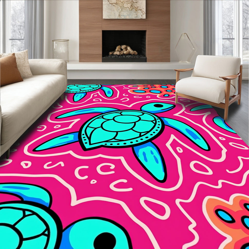 Bright Pink Turquoise Sea Turtle Swirl Rug