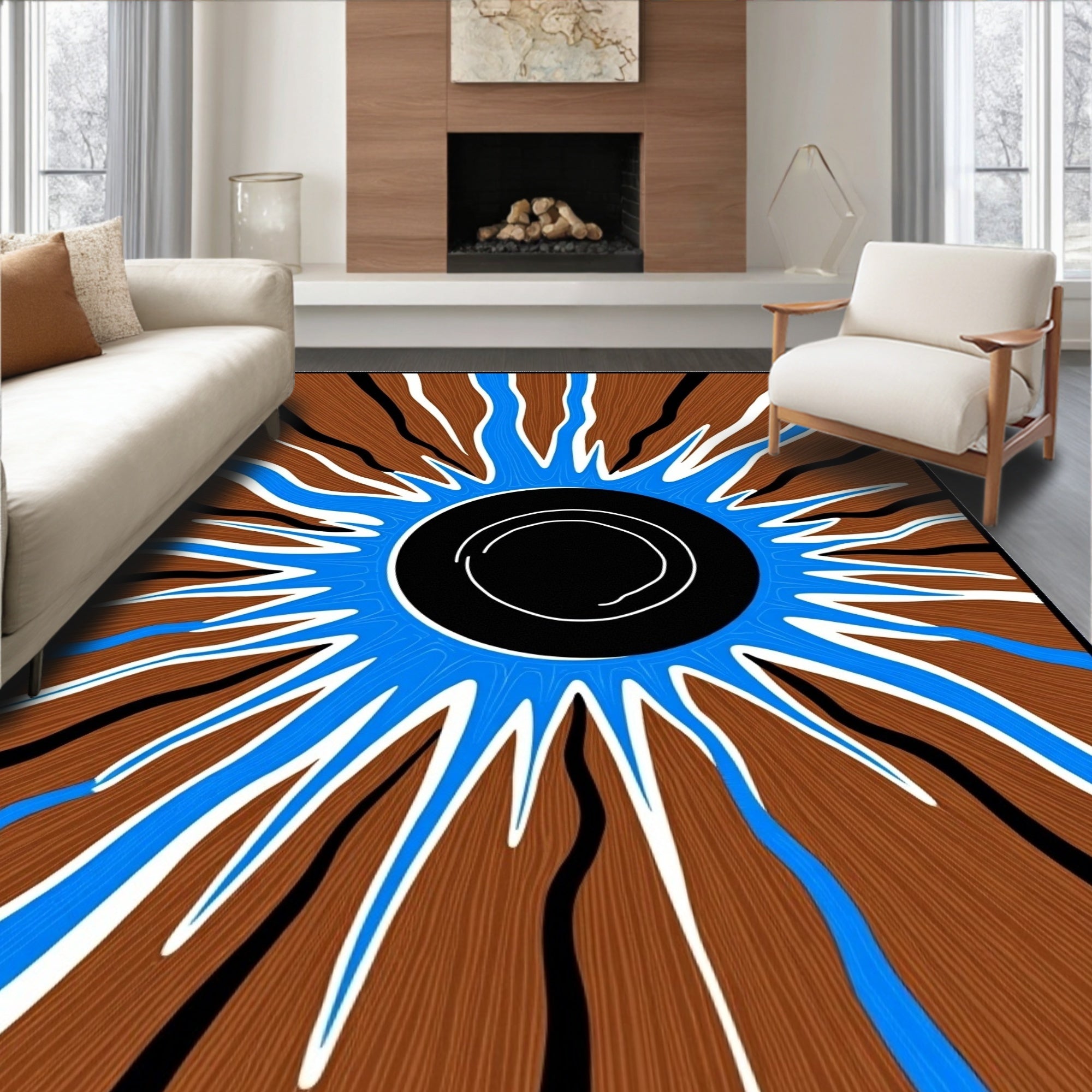 Radial Brown Blue and Black Sunburst Rug