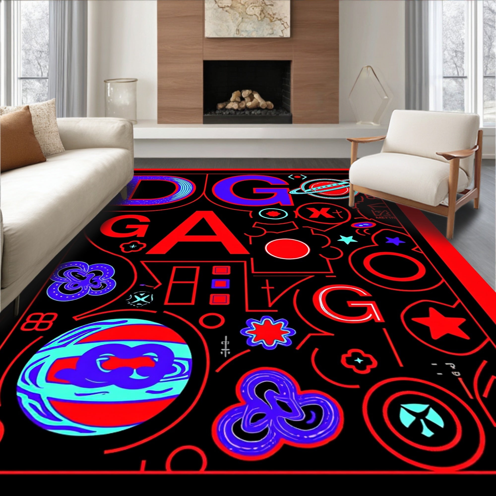 Bold Red Blue Geometric Abstract Rug