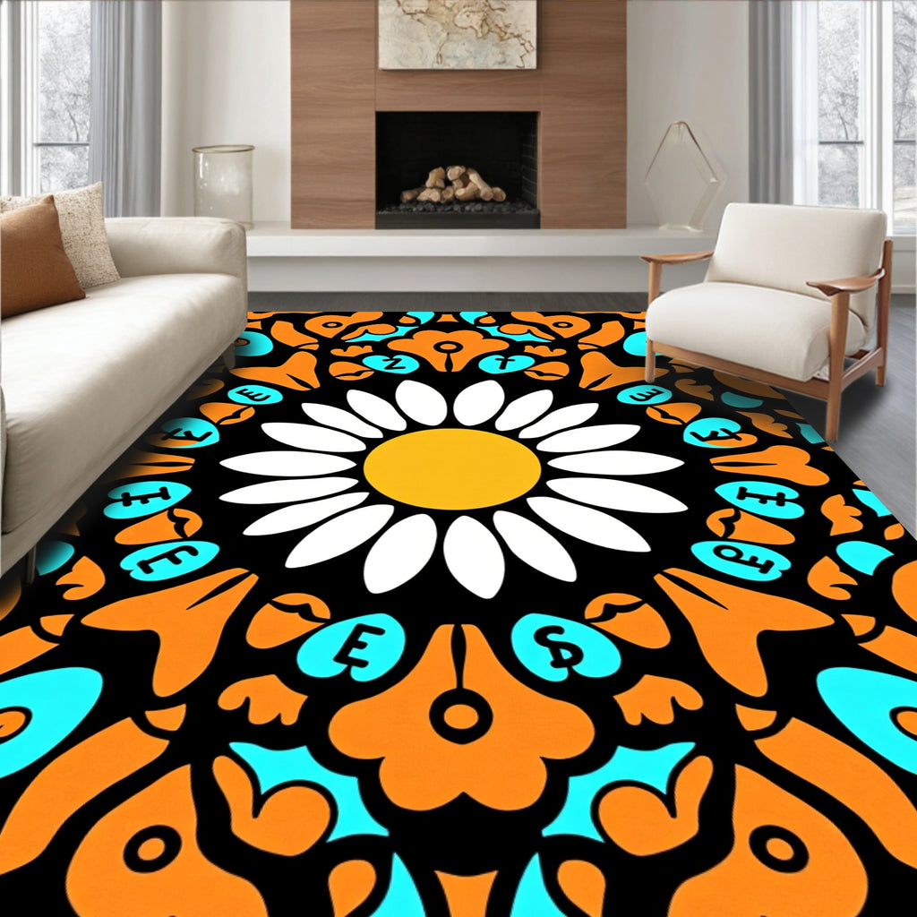 Vibrant Orange Daisy Mandala Rug