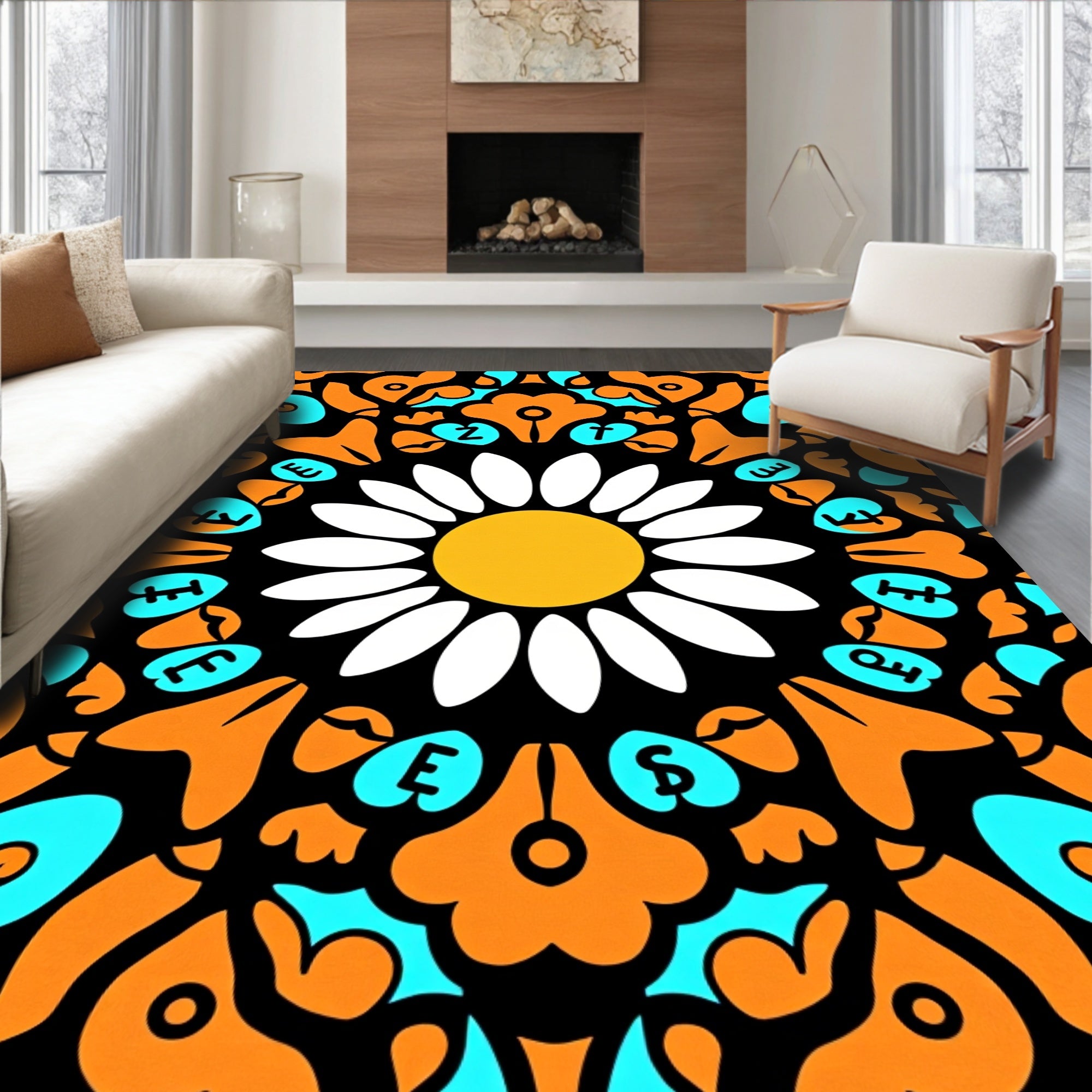 Vibrant Orange Daisy Mandala Rug