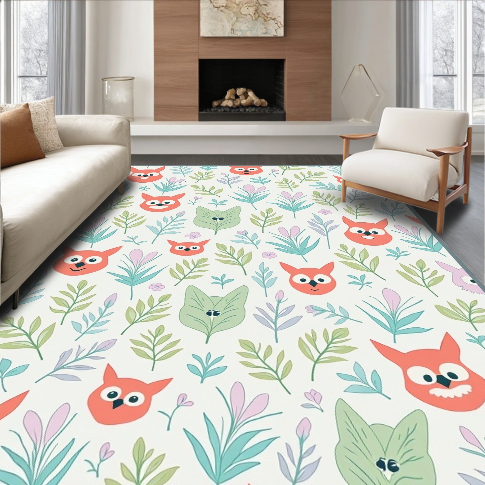 Whimsical Coral Owl Botanical Garden Rug