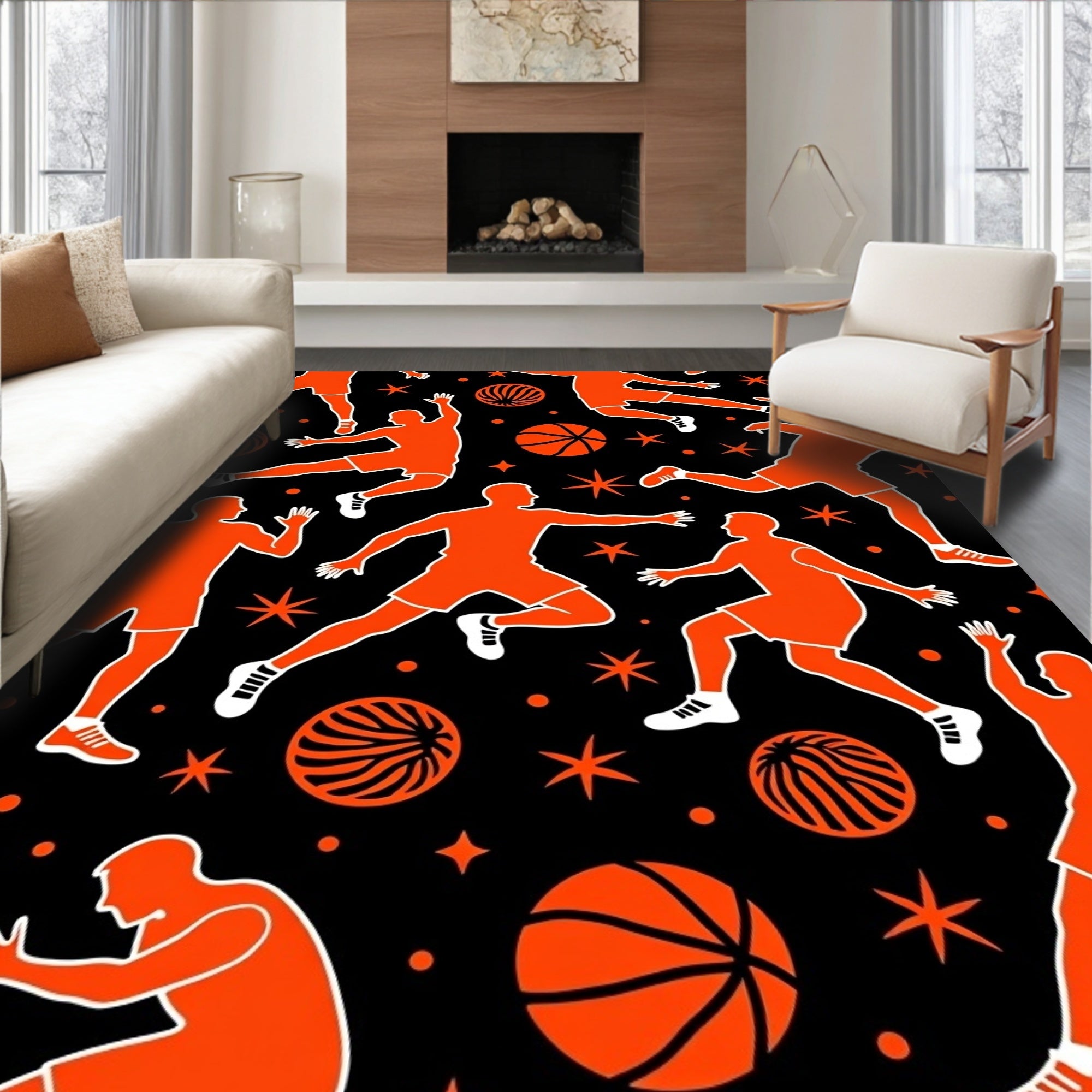 Dynamic Orange Basketball Players Action Rug