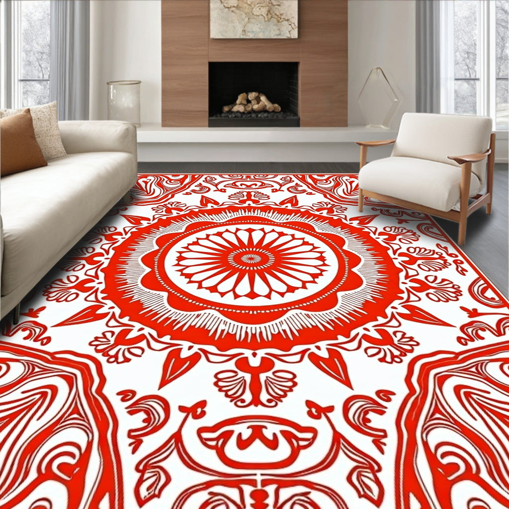 Vibrant Red Mandala Floral Burst Rug