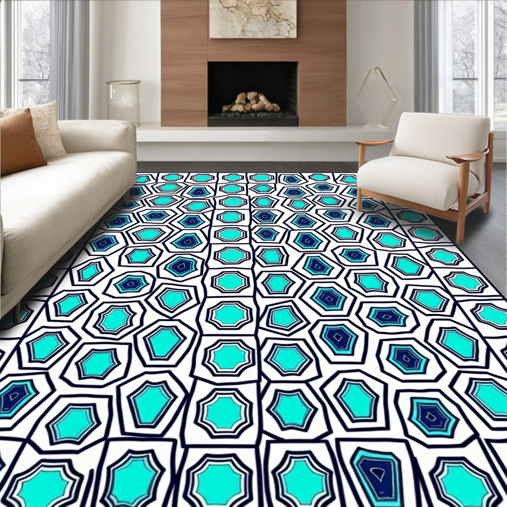Seafoam Blue Geometric Cells Rug