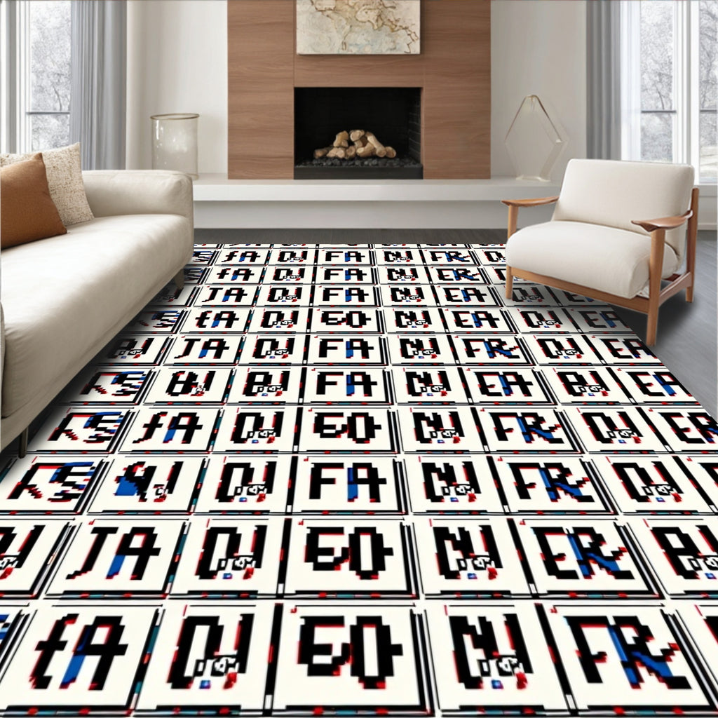 Retro Glitch Text Collage Red Blue Rug