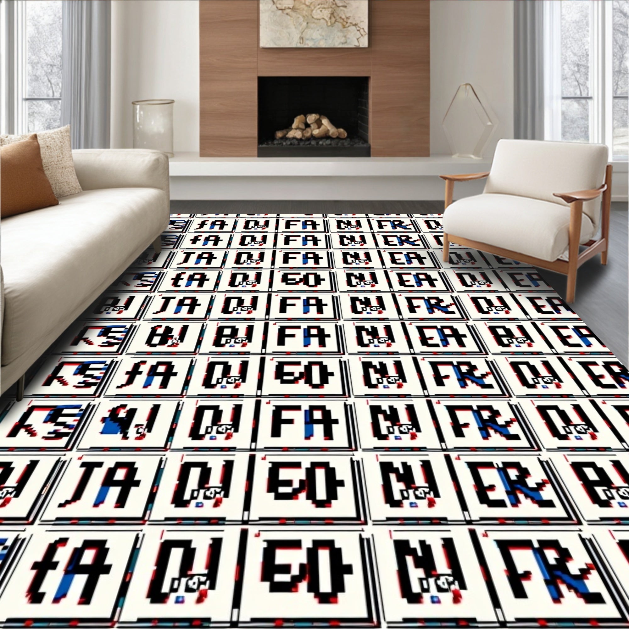 Retro Glitch Text Collage Red Blue Rug