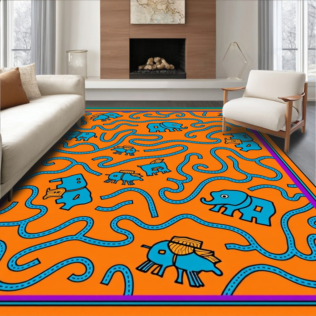 Playful Blue Elephants on Orange Background Rug