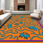 Playful Blue Elephants on Orange Background Rug