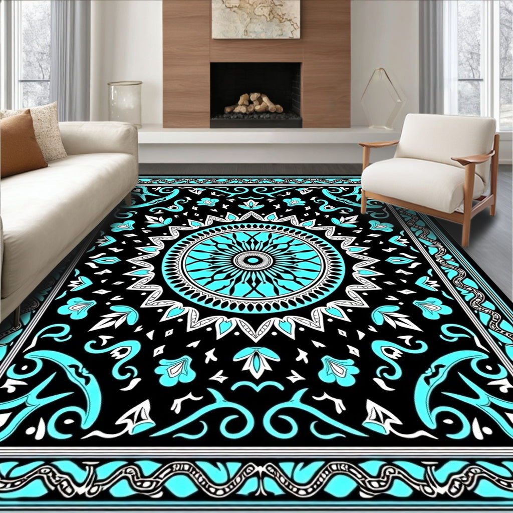 Black Teal Sunburst Mandala Rug