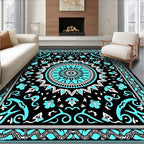 Black Teal Sunburst Mandala Rug