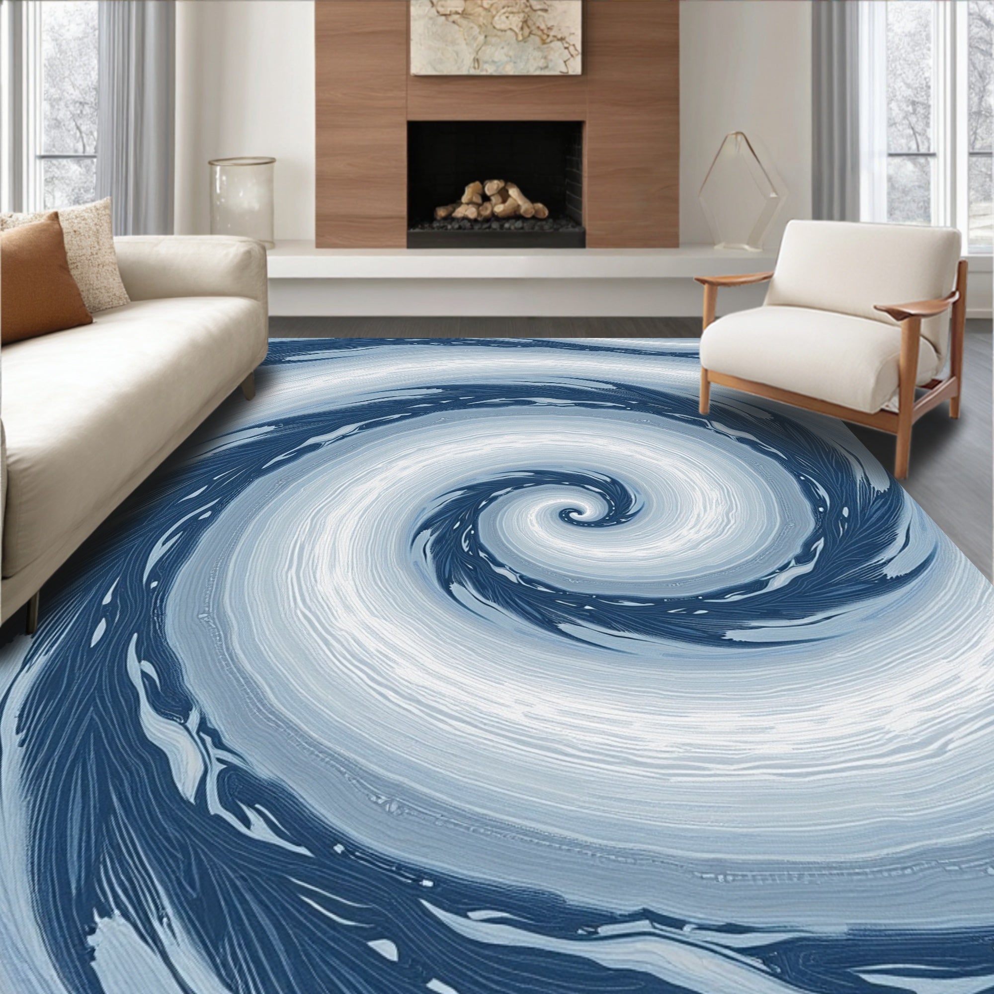 Deep Blue Swirling Feather Medallion Rug
