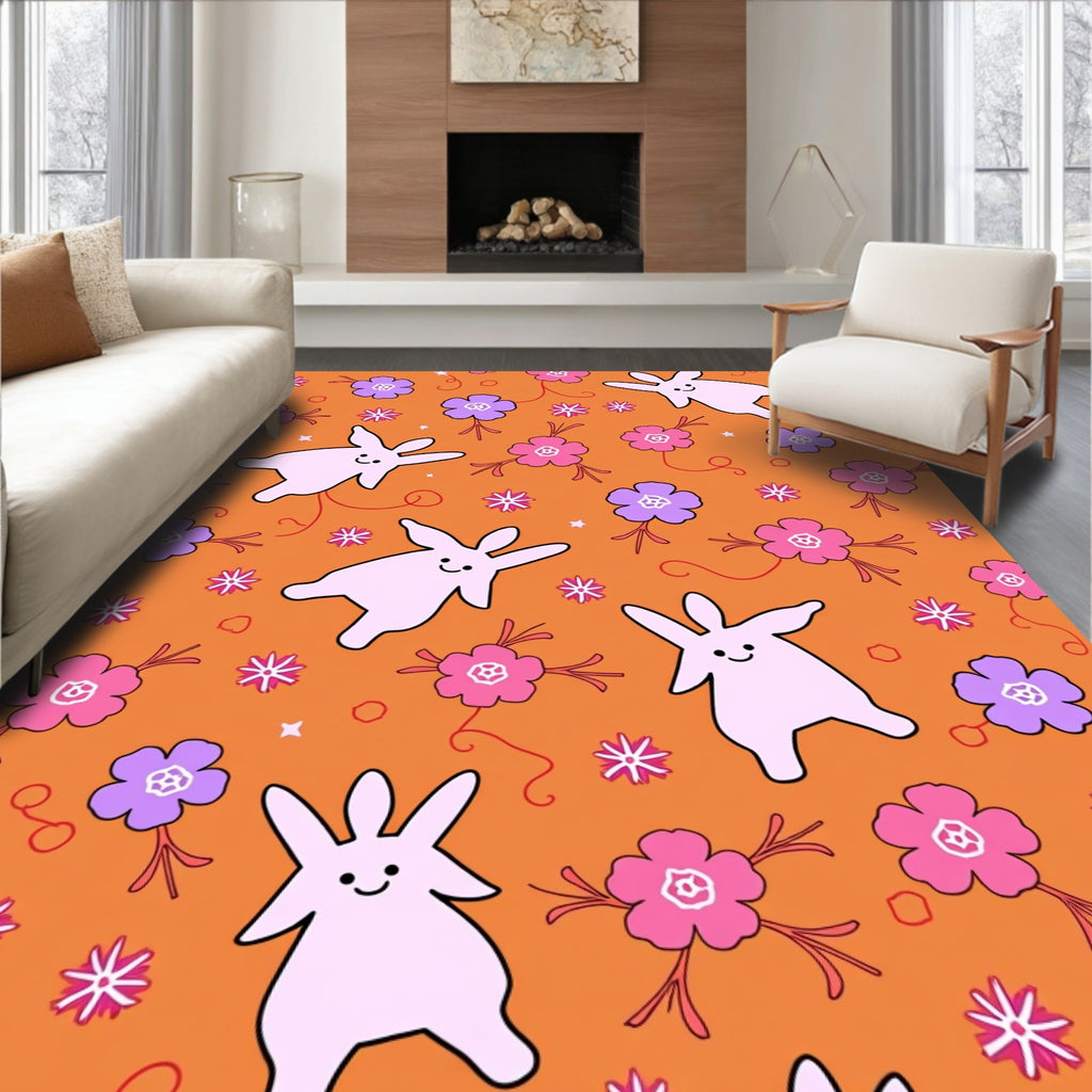 Whimsical Pink Bunnies Purple Flowers Orange Background Rug
