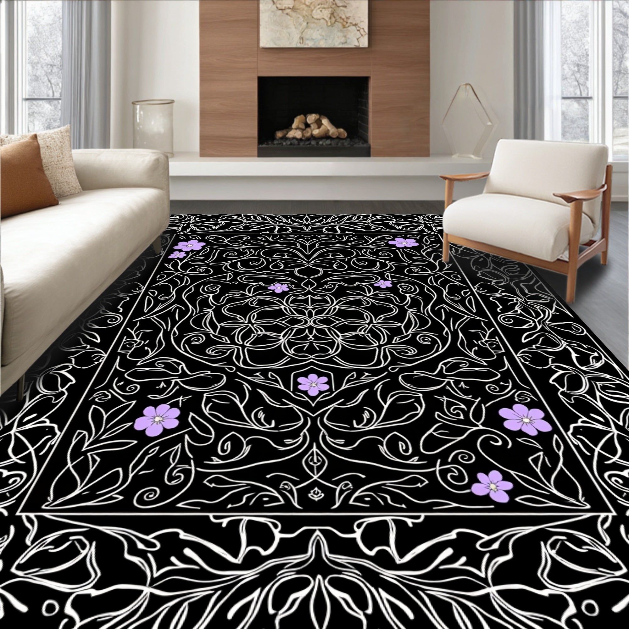 Elegant Violet Floral Vine Medallion Rug