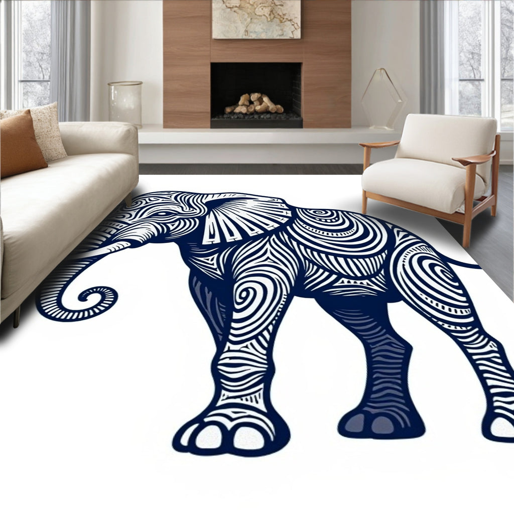 Navy Blue Tribal Elephant Swirl Art Rug