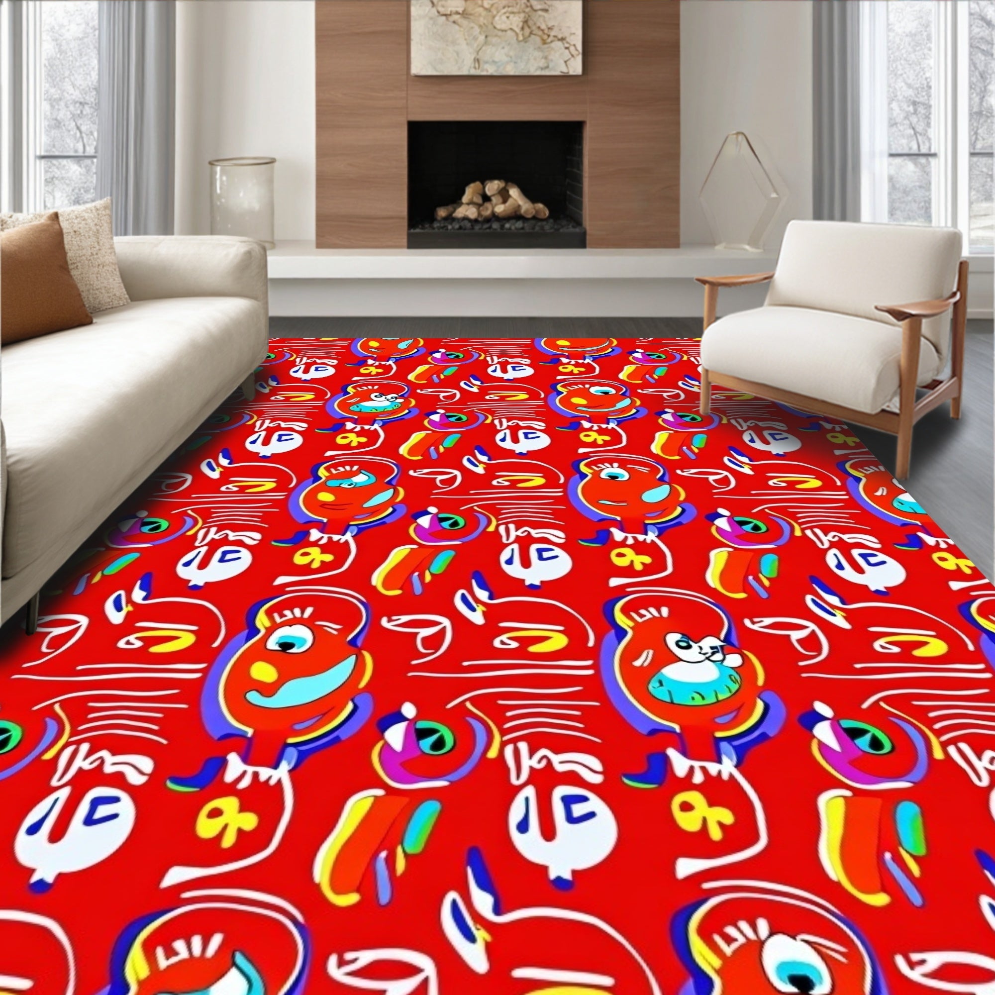 Whimsical Red Abstract Character Collage Rug