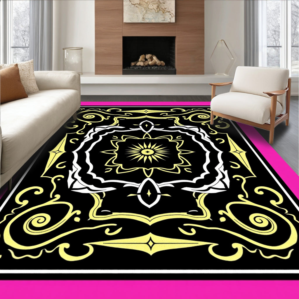Bold Black Yellow Floral Medallion Rug