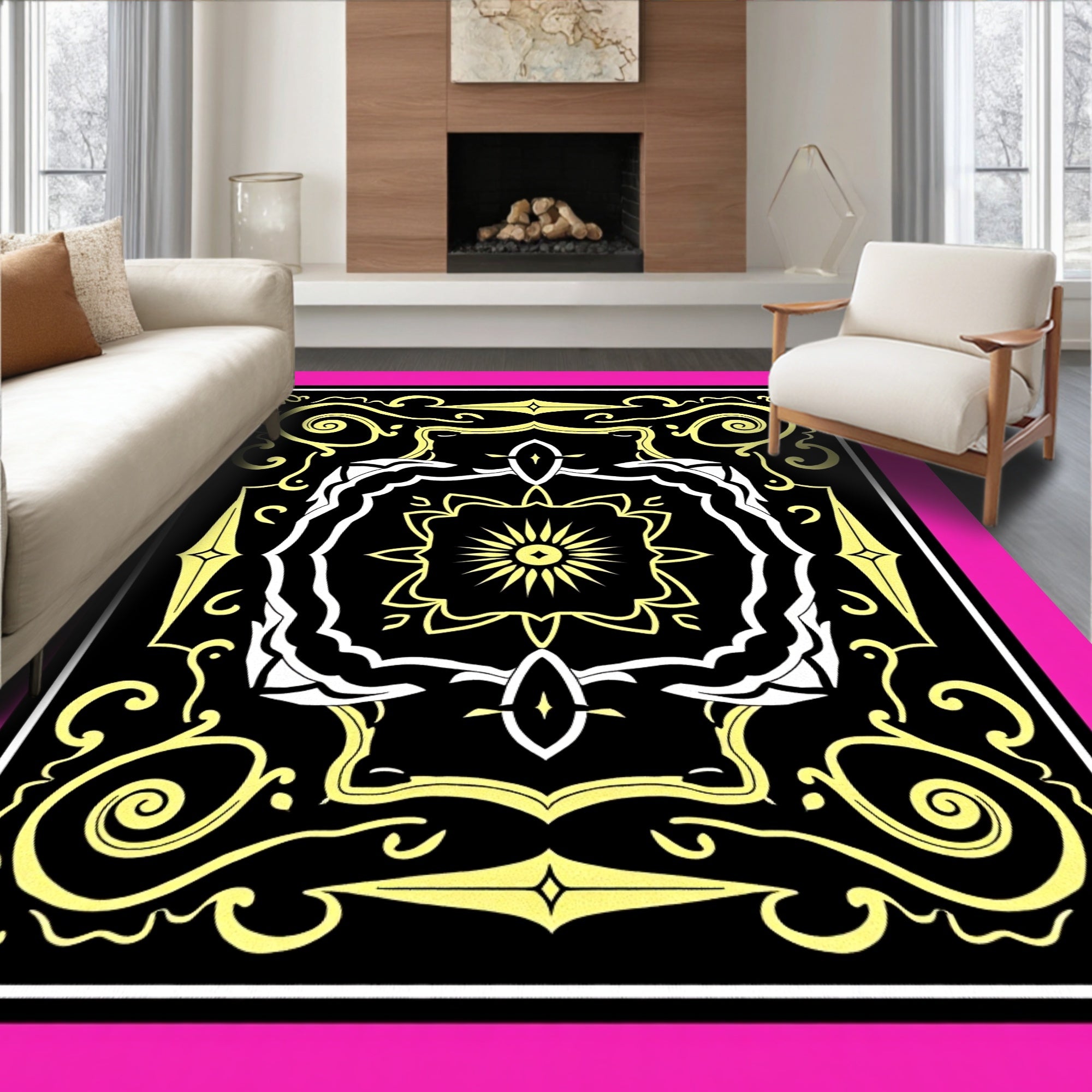 Bold Black Yellow Floral Medallion Rug