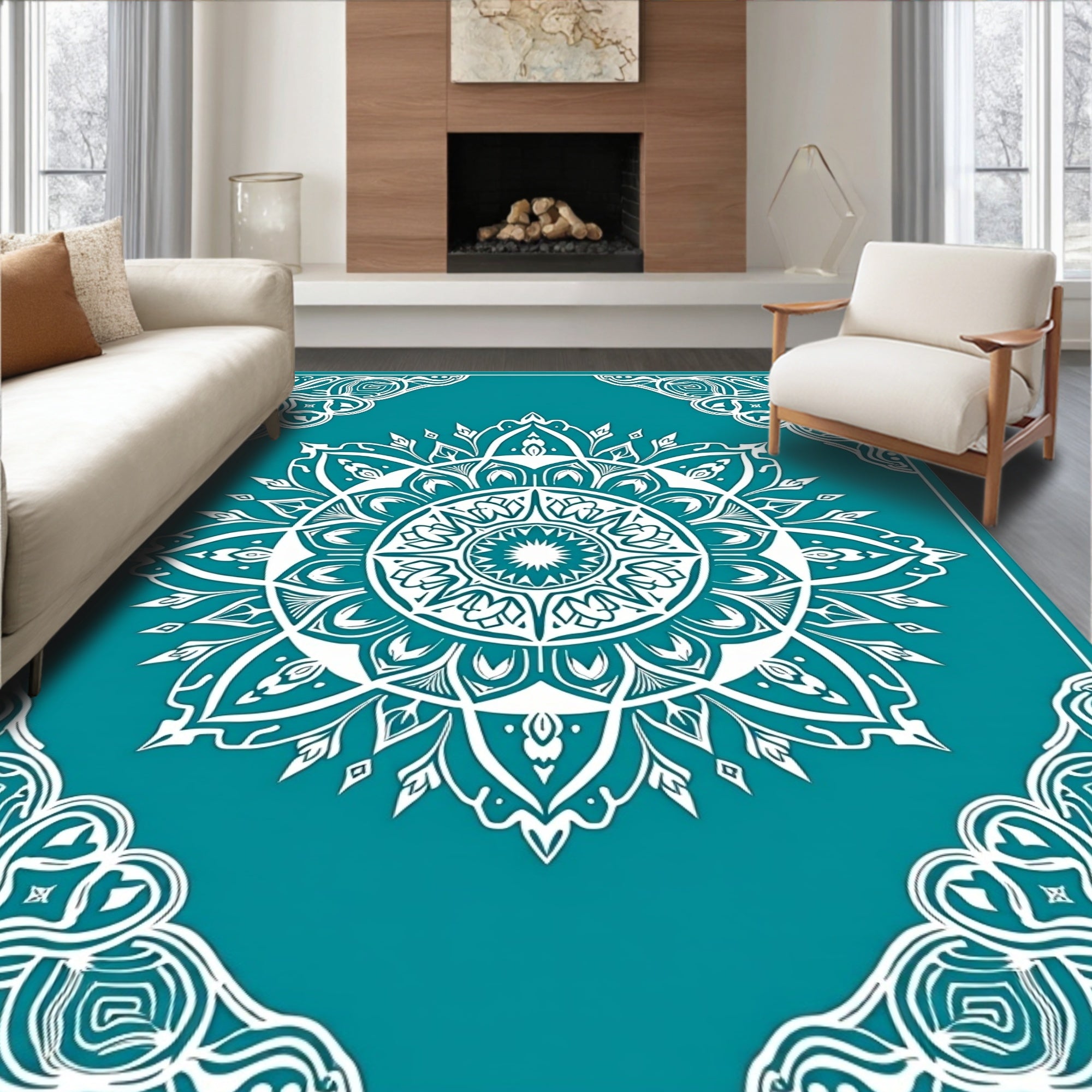 White Teal Mandala Floral Ornament Rug